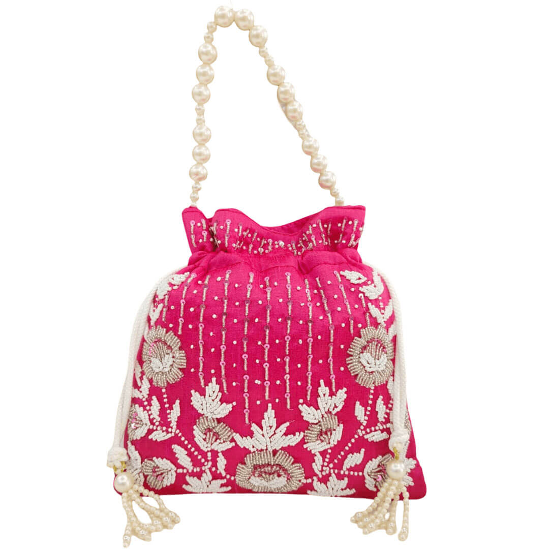 Royal Khatwork Bridal Potli in Raw Silk with Pearl Handle