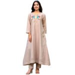 Beige A-Line Mull Chanderi Kurta Set with Dupatta with Side Pocket