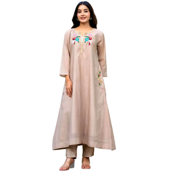 Beige A-Line Mull Chanderi Kurta Set with Dupatta with Side Pocket