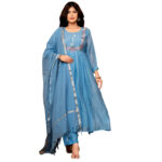 Sky Blue Mull Chanderi Anarkali 3 Piece Set with Dupatta