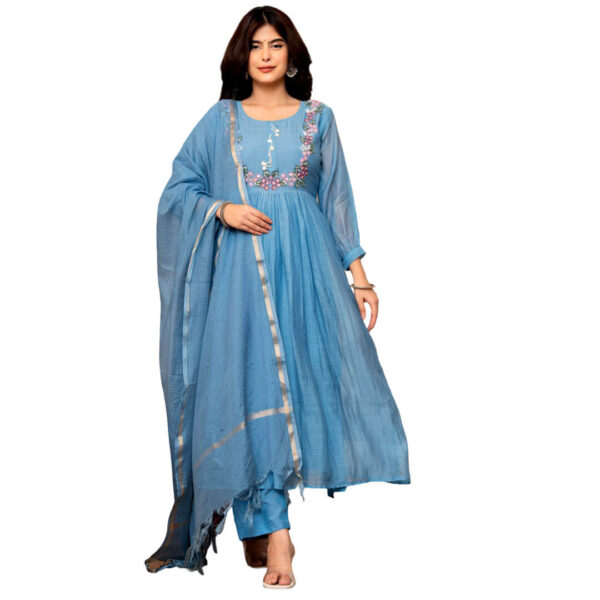 Sky Blue Mull Chanderi Anarkali 3 Piece Set with Dupatta