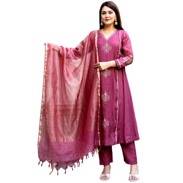 Rose Elegance Mull Chanderi Kurta Set with Dupatta & Pants
